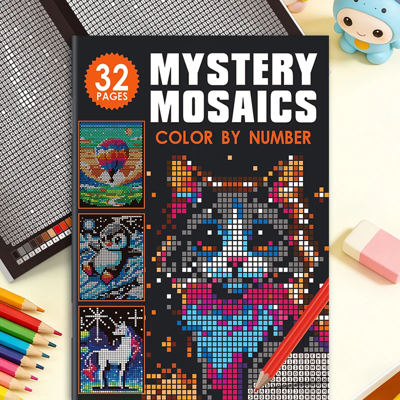 Mystery Mosaics Color By Number Coloring Book, 32 Pages Pixel Art Animal Landscape Hidden Picture, Relaxing Stress Relief Book