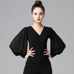 2024 New Adult Women Modern Ballroom Costume Lady Latin Dance Top Black Sexy V-neck Gauze Lantern Long Sleeves Dancewear