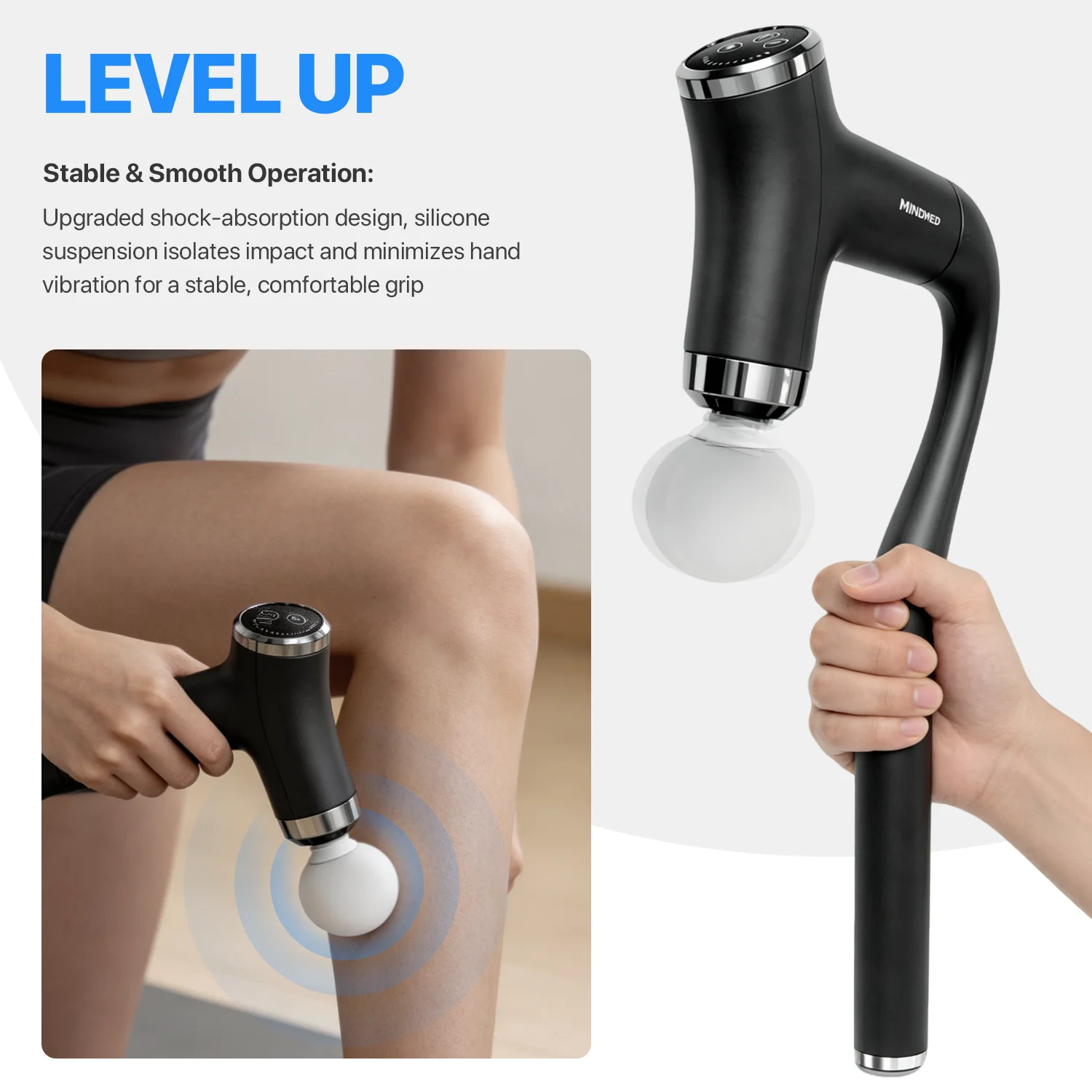 MINDMED Long Handle Detachable Massage Gun Deep Tissue Muscle Gun for Back Neck Shoulder Body Recovery with 12 Speed & 4 Heads view 3