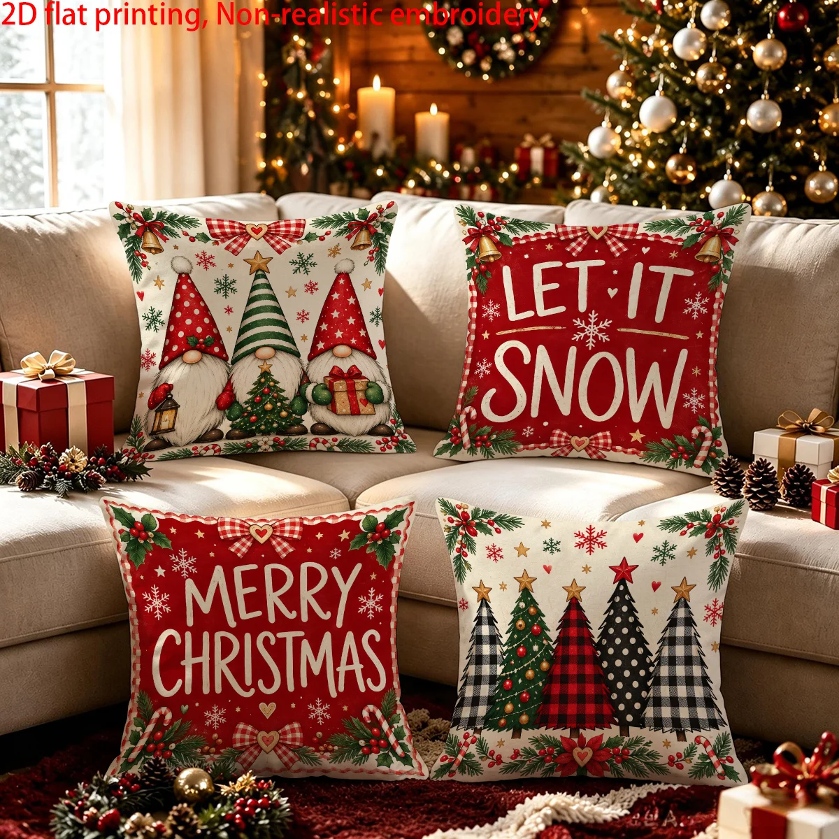 1pc Let It Snow Merry Christmas Cushion Cover, Polyester 2D Double Sided Print for Living Room Christmas Party Decoration