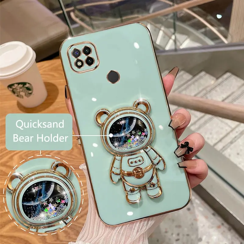 Phone Case for Xiaomi Redmi 9C Luxury Plating Quicksand Cartoon Bear Fold Stand Phone Case Cover