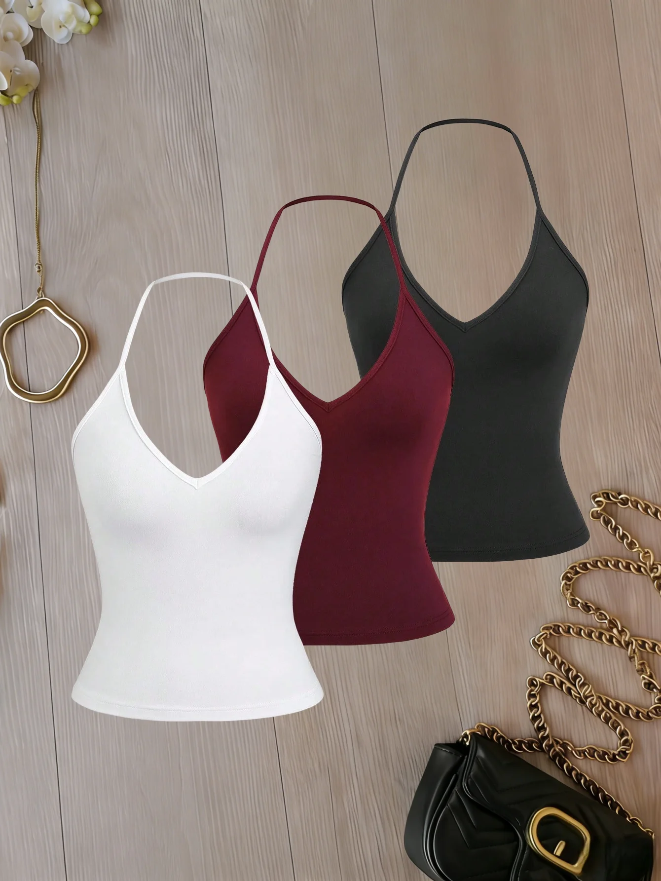 Women's Solid Halter V Neck Tank Top Slim Fit Stretch Knit Cami Sleeveless Basic Layering Camisole Vest For Daily Casual Wear