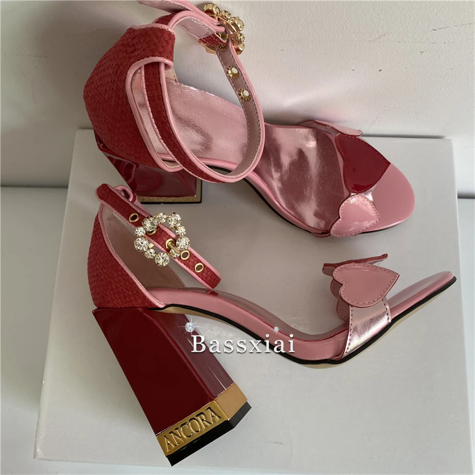 Love-Heart One-Strap Summer Sandals Women Letter Square High Heels Genuine Leather Patchwork Banquet Shoes Woman