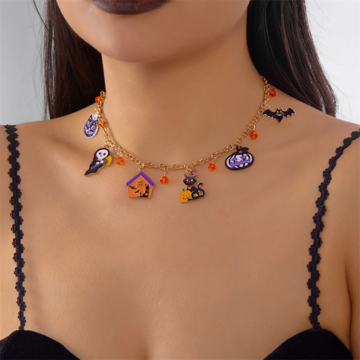 Halloween Cartoon Charm Halskette Spinnennetz Geist Kürbis Schädel Fledermaus Mond Anhänger Gothic Schmuck Für Frauen Männer Party Zubehör