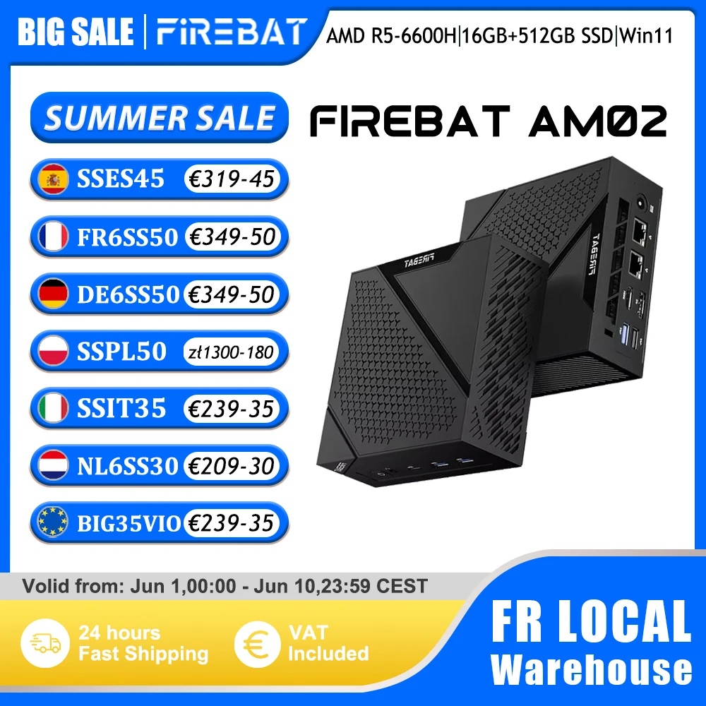 FIREBAT MINI PC AM02 Ryzen 5 6600H 16GB DDR5 512GB SSD Windows 11 WIFI6 BT5.2 Ordinateur de bureau compact Port réseau HDMI