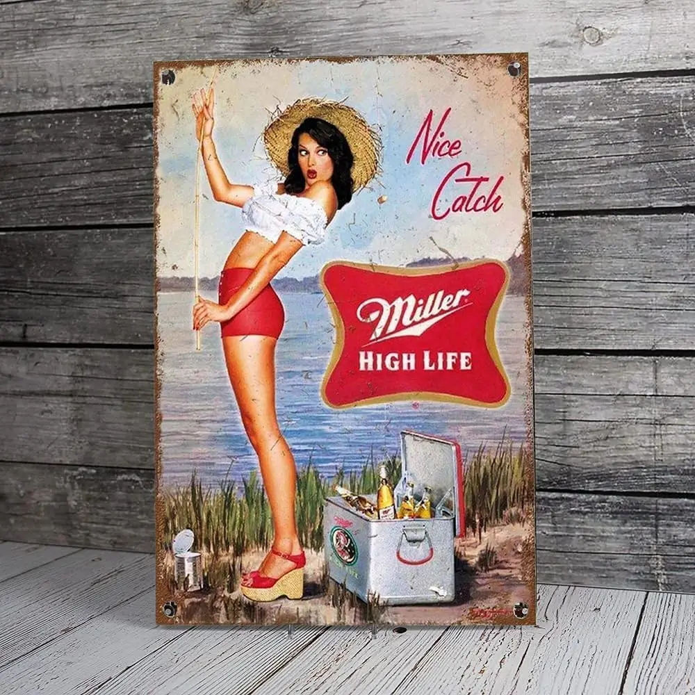 Vintage Metal Sign, Miller Beer Pin Up Girl Wall Decor, Bar Pub Kitchen Garage Decoration 8x12 INCH