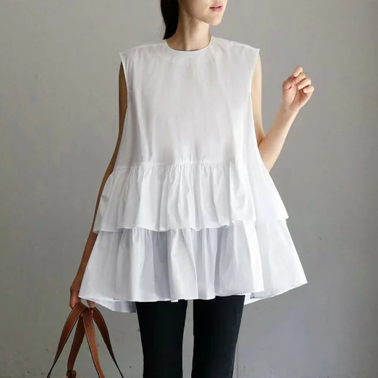 스위트 케이크 레이어 헴 돌 셔츠 여름 신상 라운드 넥 루즈핏 다용도 민소매 블라우스 탑 7가지 색상