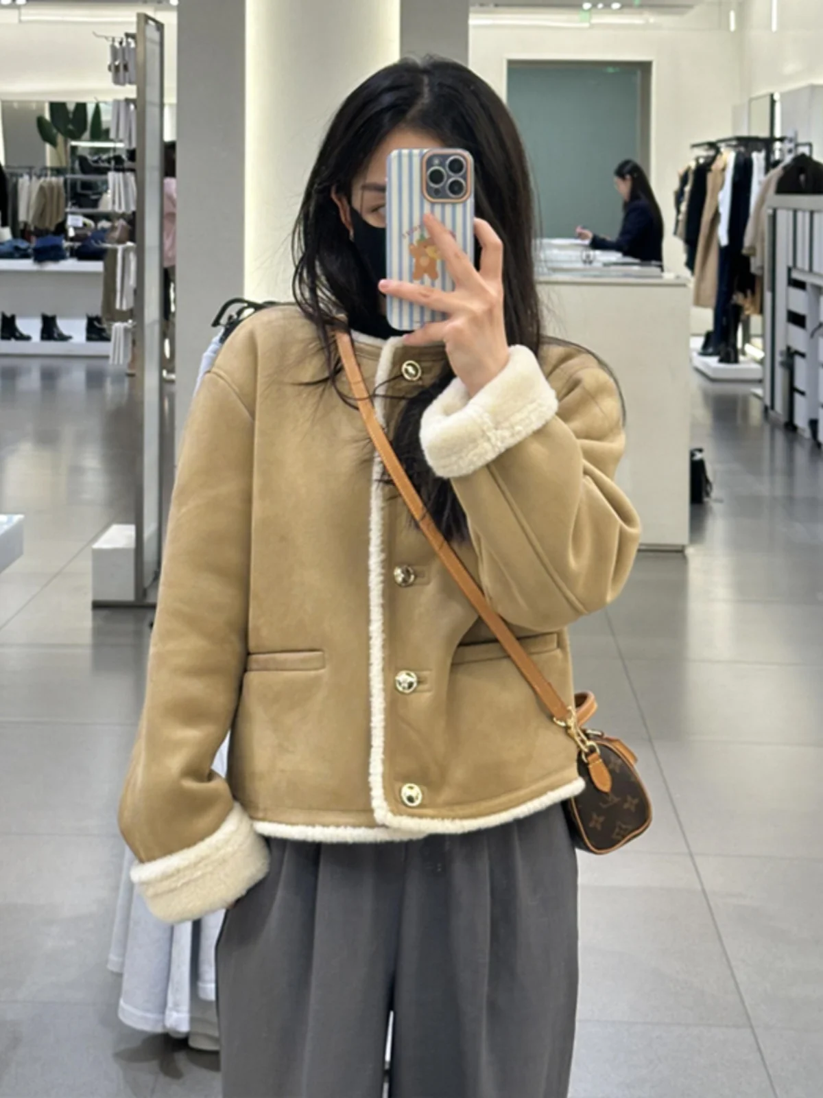 Early Winter Brown ort eepskin Suede Jaet Women's Thiened Warmth Inteated Leather Fur Coat Braided Corduroy Quilted