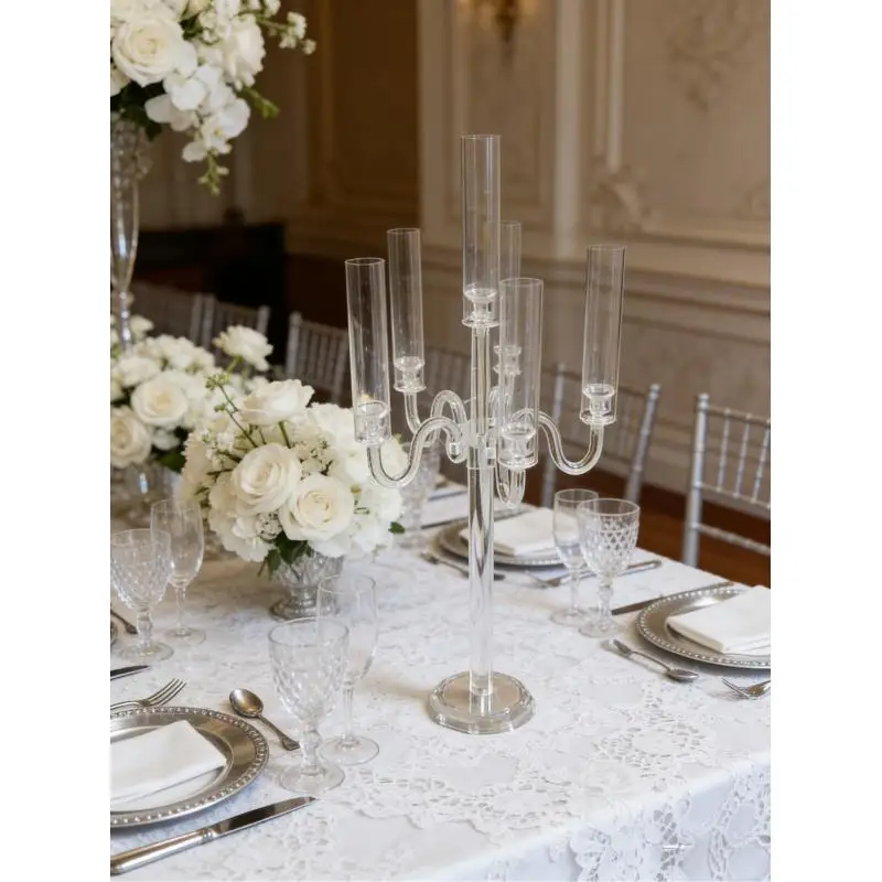 4 sets 6 Arms Clear Acrylic Candelabra For Wedding Table Centerpiece Holder Modern Candle Holders, Event Party Table Decoration