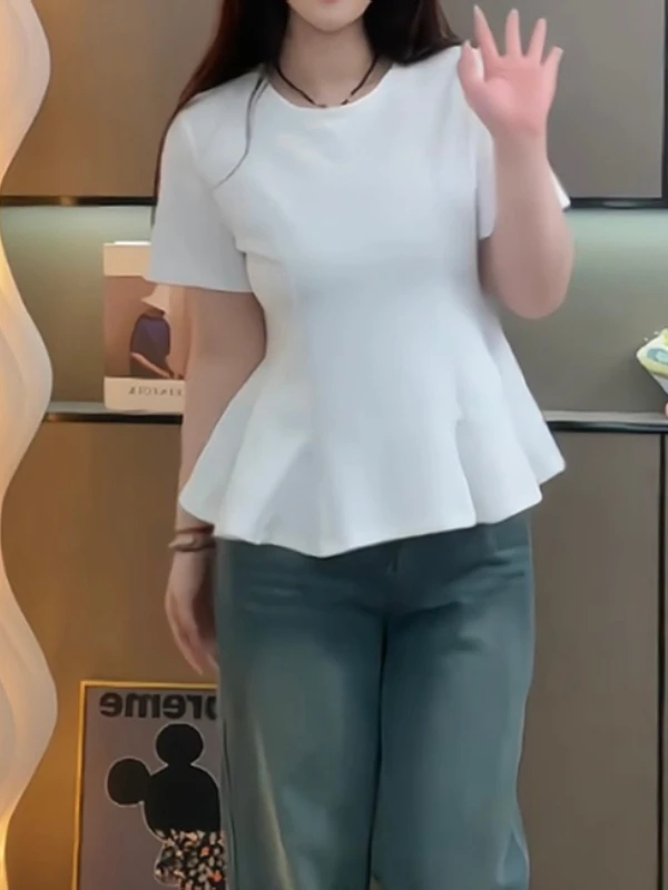 plus Size Summer ort Sve T-irt Women Slimming Waistline Floral  Cover Belly Slim Fit Bla Top Korean Sle Commute