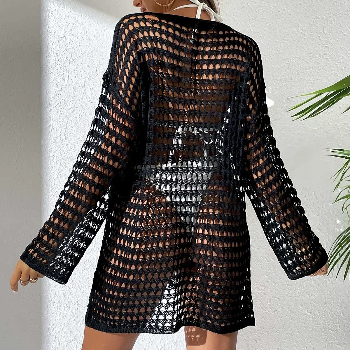2023 neue Sexy Strand Cover Up frauen Lange Ärmel Strand Kleid Hohl Gestrickte Crew Neck Mesh Rock Sommer Urlaub Bademode party