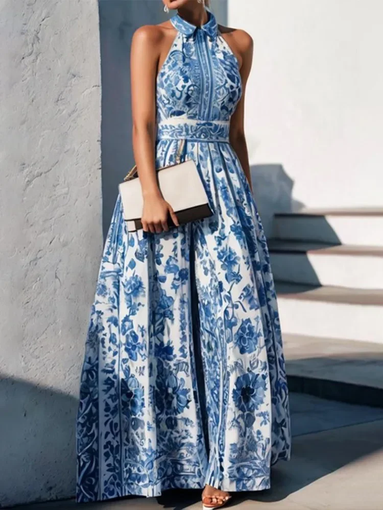 

Yeezzi Female Vintage Blue Flower Printed Elegant Formal Evening Dresses 2024 New Summer Sleeveless Lapel Party A-Line Dress