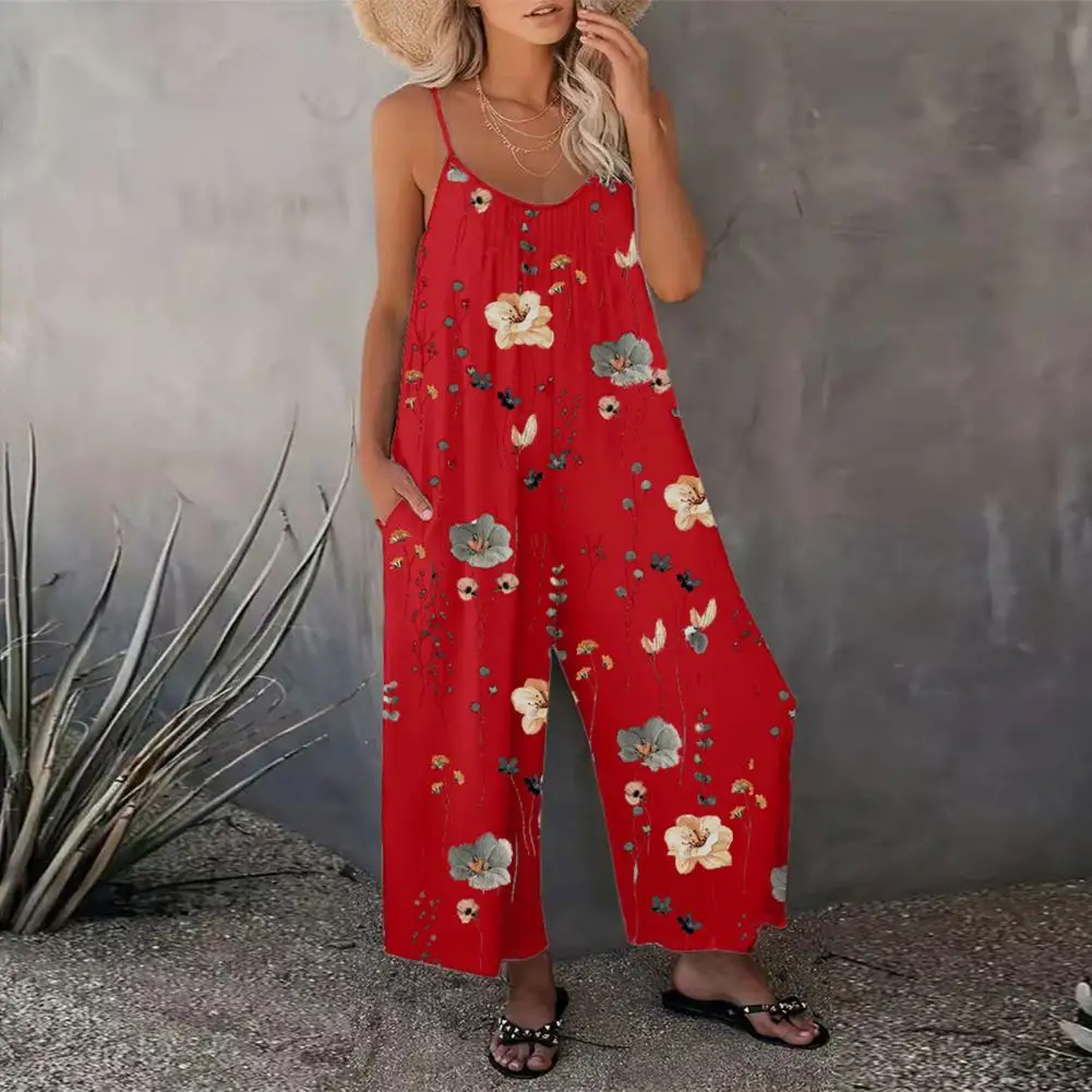 Women Printed Jumpsuit Floral Print Spaghetti Strap Jumpsuit with Side Pockets Sleeveless Wide Leg Vacation Beach Romper