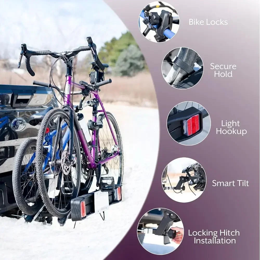 Adjustable 2-Bike Hitch Rack with Taillights and License Plate Holder, Holds up to 132 lbs