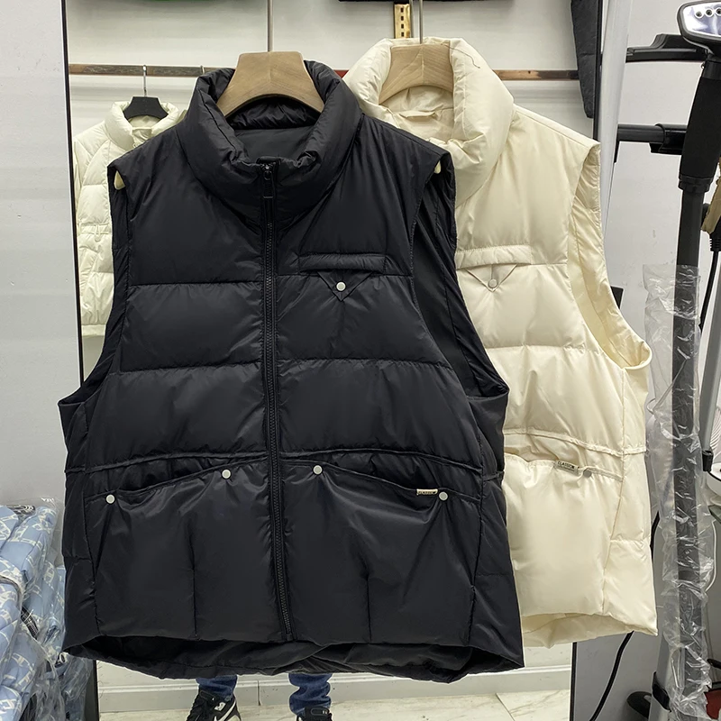 Winter Women 90% White Duck Down Coat Casual Stand Collar Zipper Pockets Sleeveless Vest Female Loose Solid Outwear