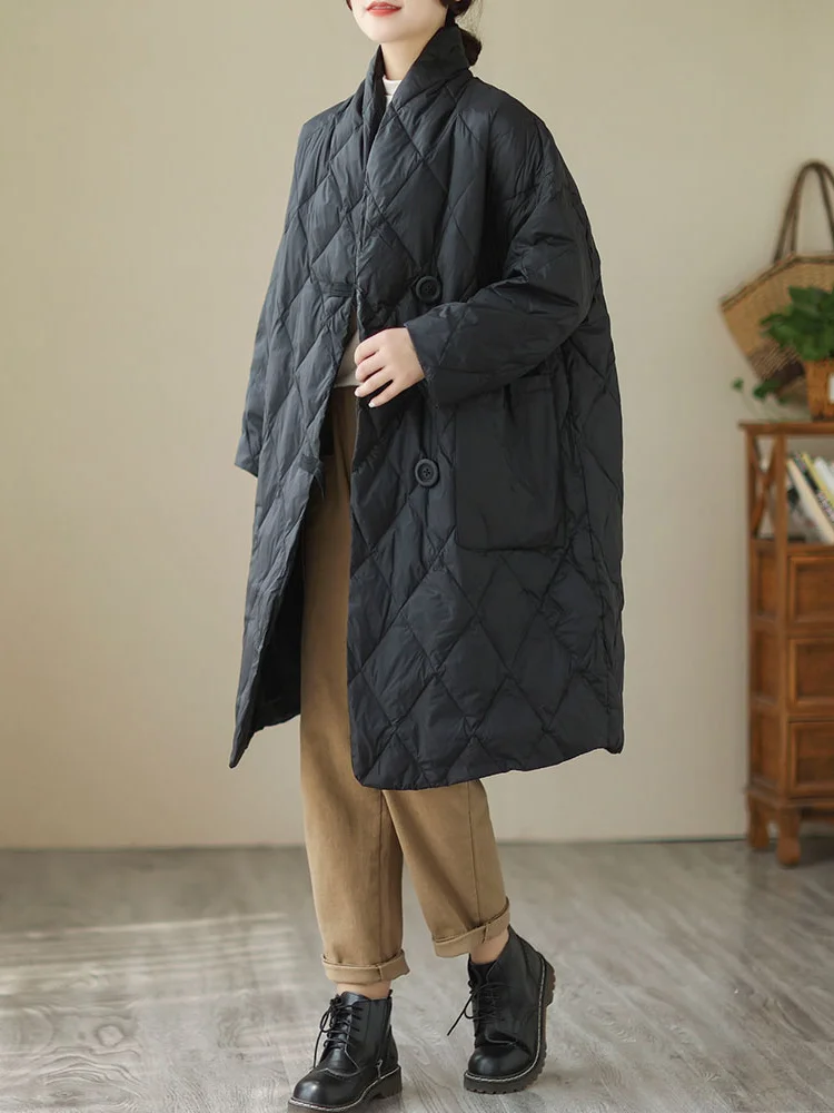 เสื้อโค้ทผ้าฝ้ายน้ำหนักเบาสไตล์ญี่ปุ่นสำหรับผู้หญิง ลายเพชร วินเทจ ความยาวปานกลาง เสื้อคลุมกันหนาว