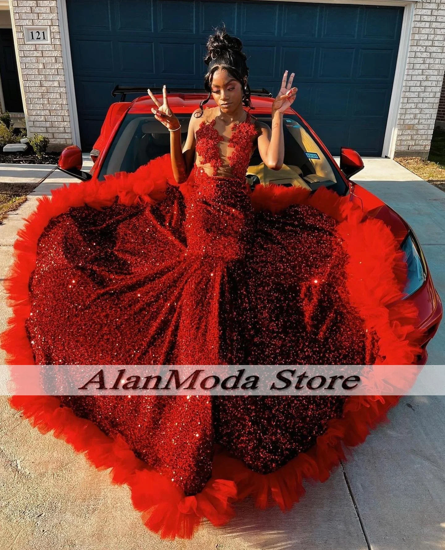 Luxury Red Prom Dresses For Black Girls 2025 See Through Beading Sequin Mermaid Party Gowns Ruffles Veatidos De Gala Customized