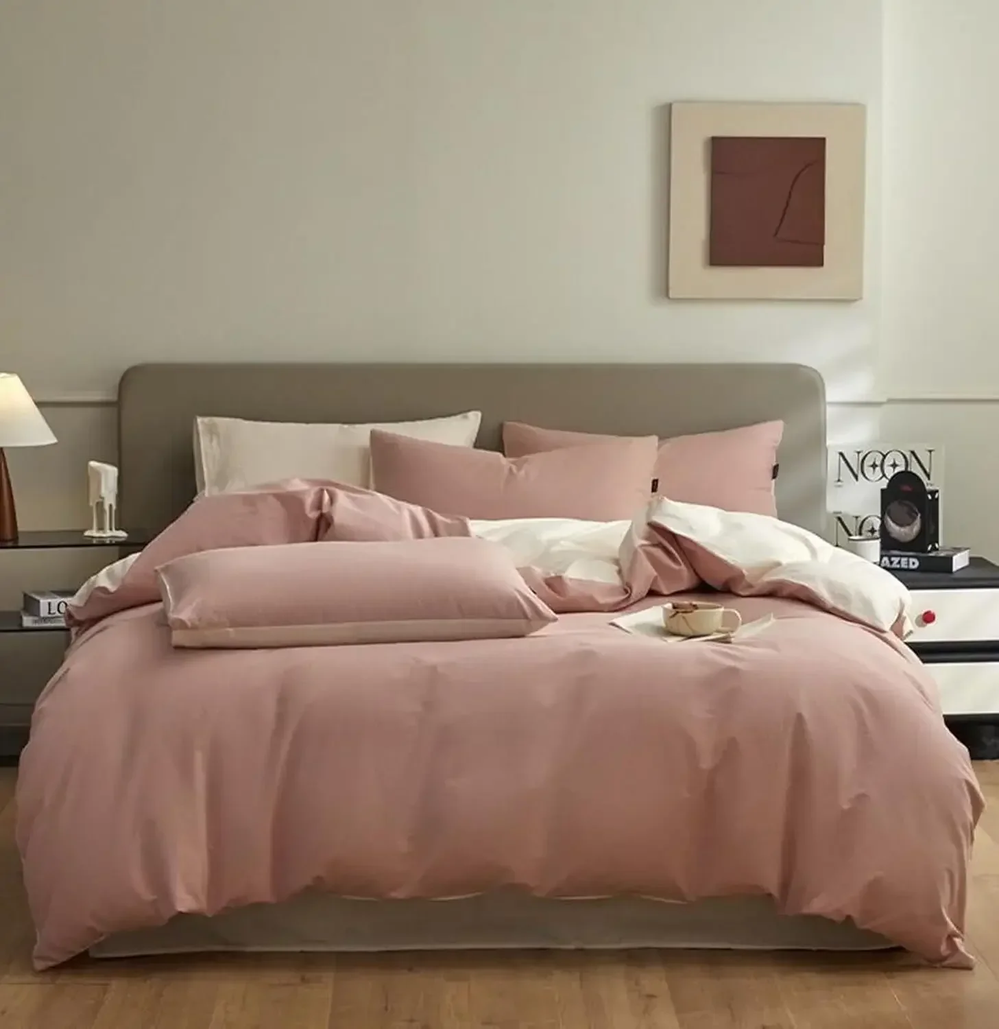 4 Piece Bedding Set Cotton, King Two Tone Reversible Duvet Quilt Cover & Bed Sheet & 2 Pillowcase Set, Pink Beige White, 2.0m-22