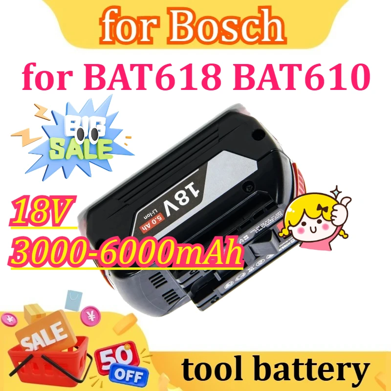 

GSR for Bosch BAT618 BAT610 Professional 18V 6.0Ah Li-ion Battery Replacement with LED for Bosch Quick Charger 14.4V-18V