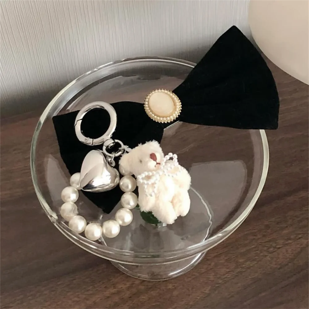 Korean Cute Fluffy Plush Bear Pearl Bowknot Pendant Keychain For Car Keys iPhone Accessories Trendy Heart Keyring Women Handbag