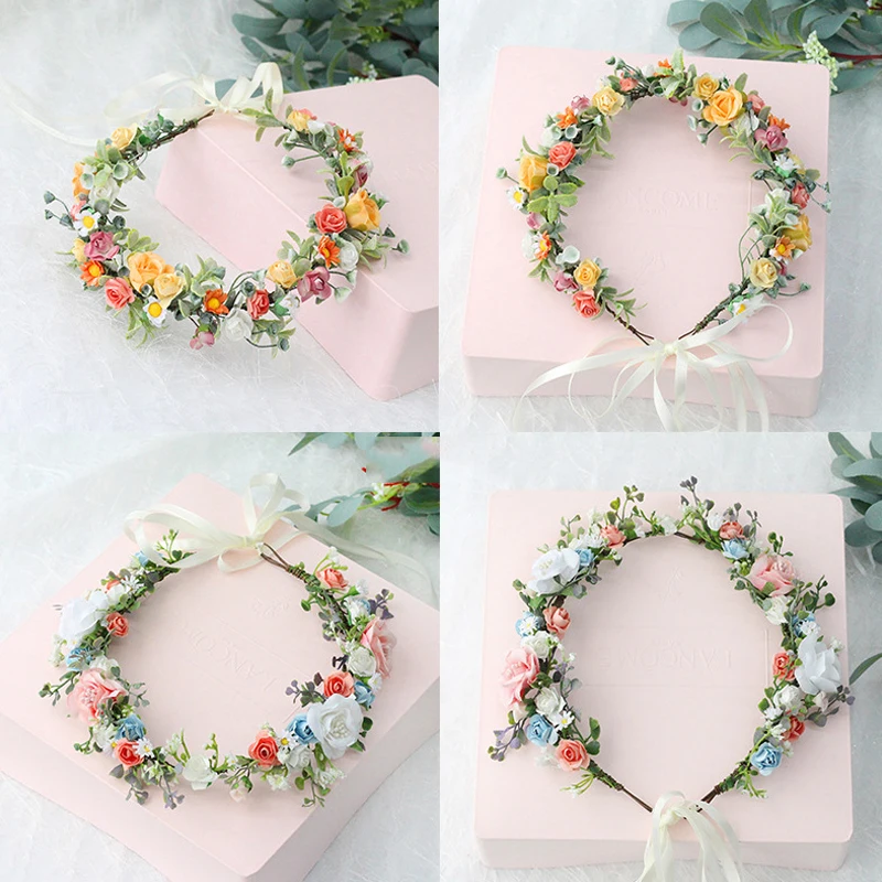 Flower Headband Spring Bohemian Flower Crowns Floral Garland Faux Rose Wedding Wreaths Braided Hair Vine Headpiece Hair Ornament