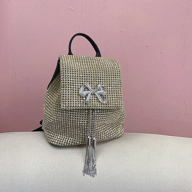 

Повседневный рюкзак большой емкости с металлическим бантом и блестящими бриллиантами для кампуса, универсальный рюкзак знаменитостей с цепочкой