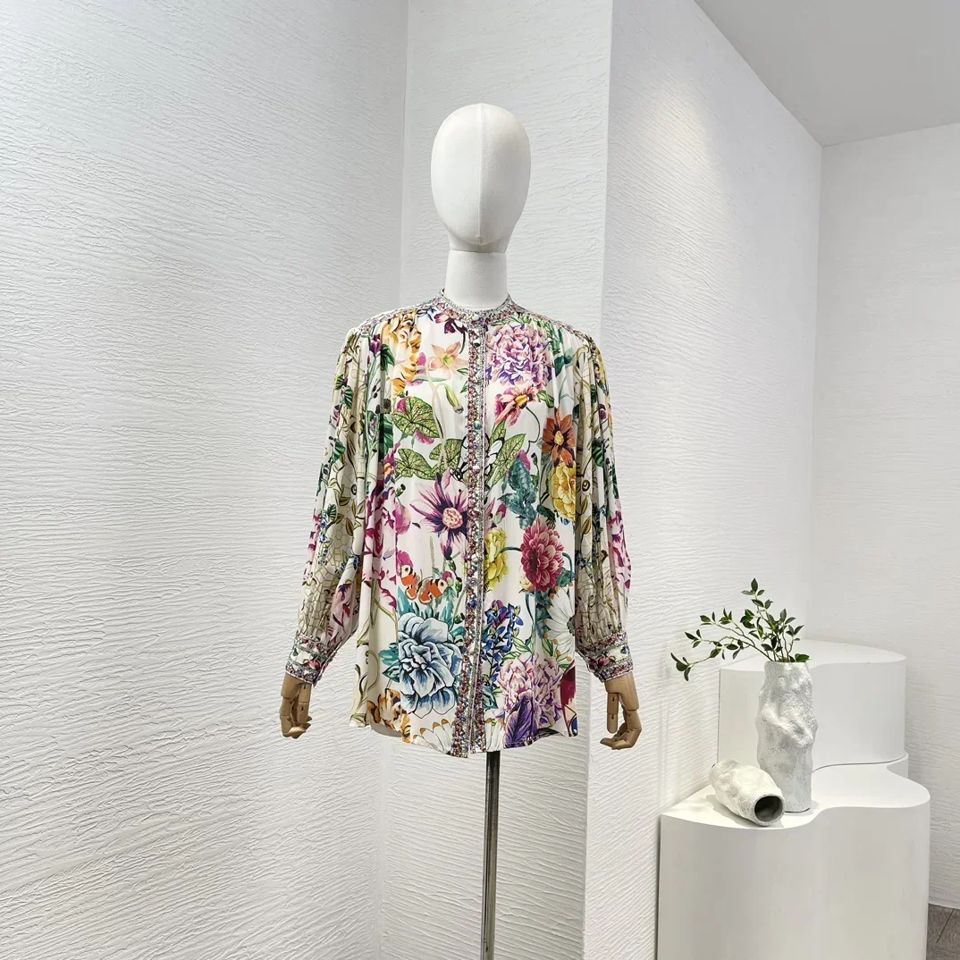 2024 New High Quality Silk Multicolor O Neck Floral Print Long Sleeve Diamonds Pressed Women Blouse Tops and Mini Skirt Set