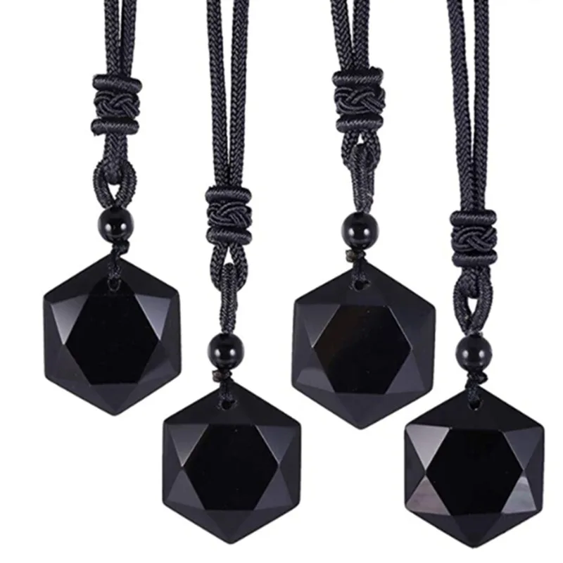 Natural Obsidian Hexagram Pendant Necklace Men's and Women's Crystal Power Stone Sweater Chain Pendant Jewelry Gift