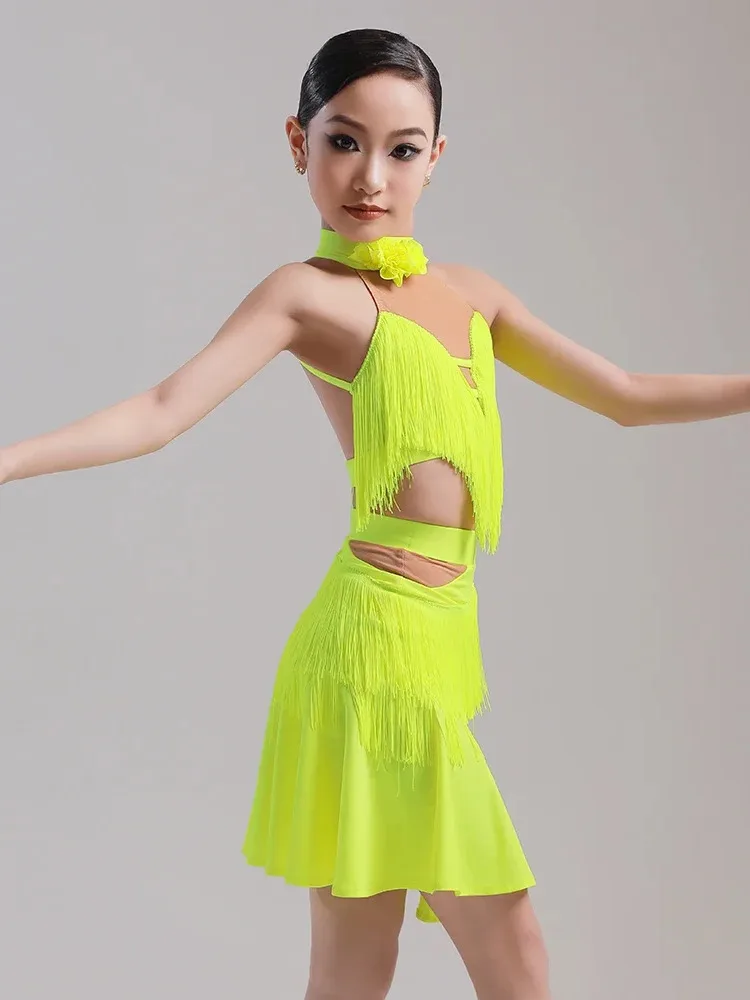 

Advanced New Style Latin Dance Dress Girl Professional Training Dress Gauze Solid Color Ballroom Dance Irregular Fringe Costume