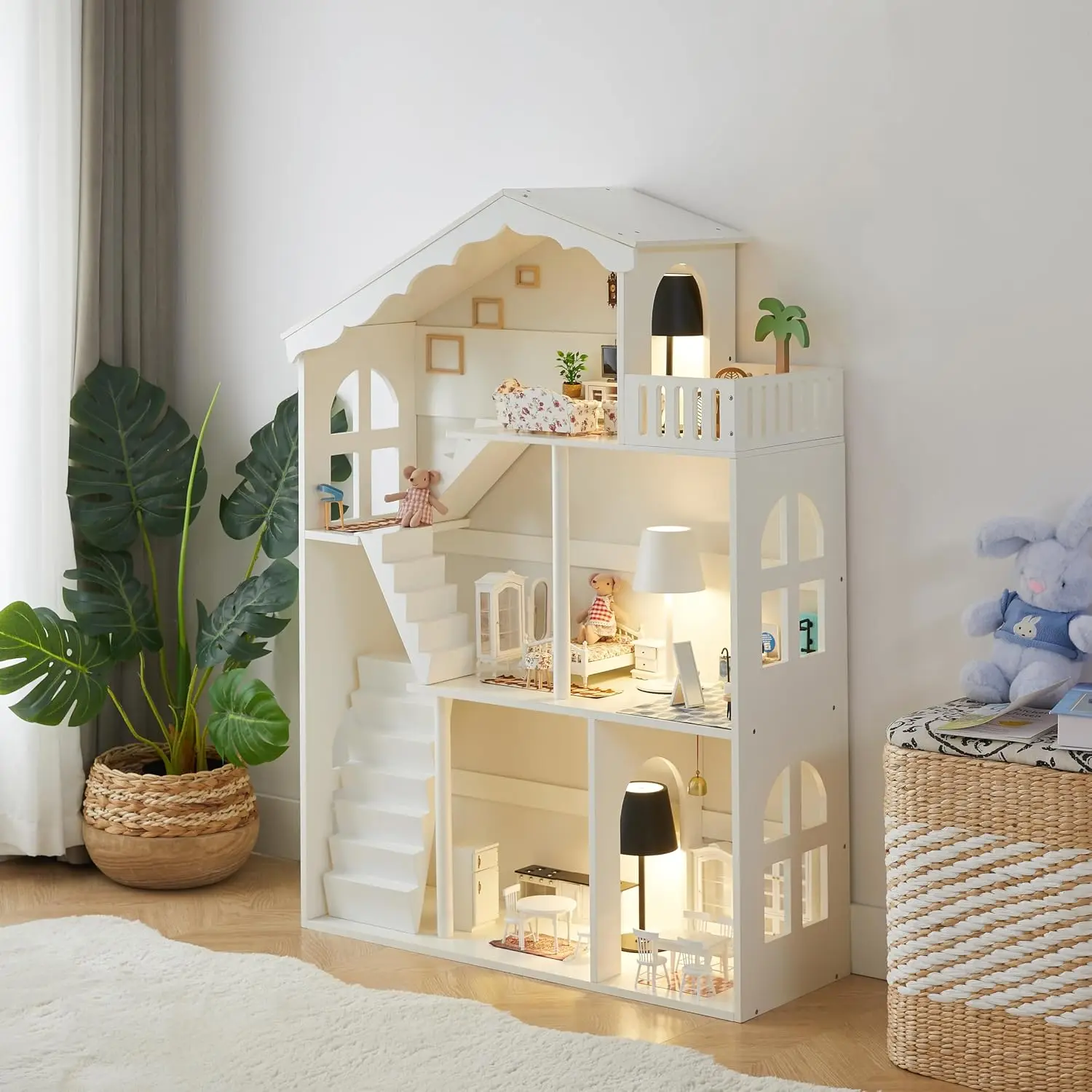 Wooden Dollhouse with 66 Pcs Luxurious Accessories and Furniture | Modern Doll House Including Dolls and Pet Sets, Wood Dollhous