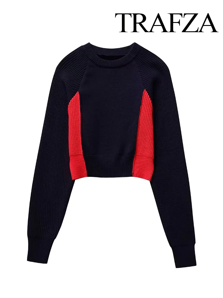 TRAFZA 2024 Female Y2K Pullover O Neck Crop Top Women Long Sleeve Fashion Patchwork Knit Sweater Spring Red Black Slim Short