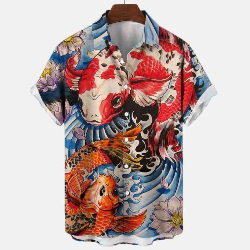 Men's Hawaiian 3D Print Chinese Dragon Shirt Oversized Short Sleeve Harajuku Shirts Fashion Buttoned Lapel Vintage Street Blouse