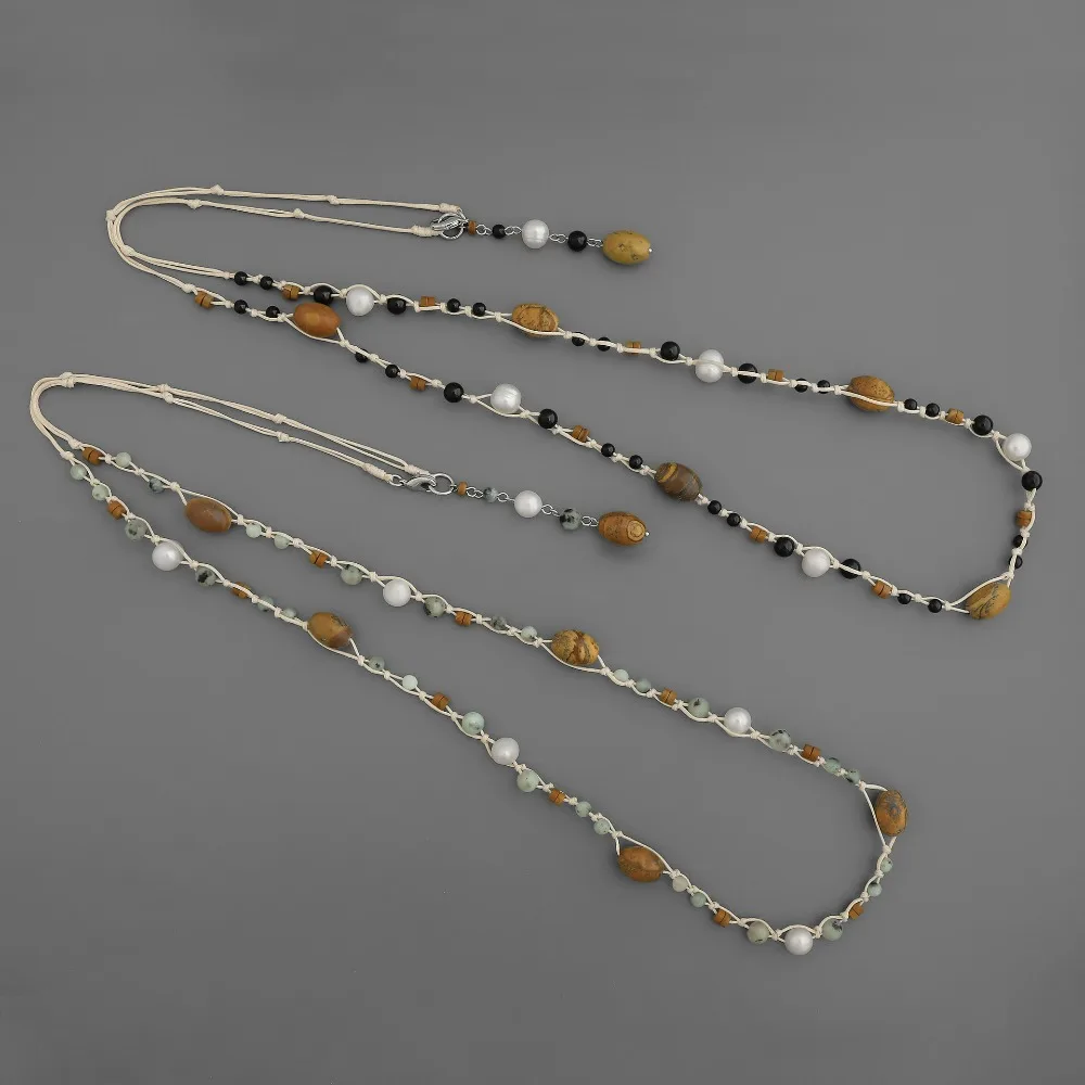 

2026 New Arrival Brown Painted Stone Light Green Speckled Stone Wax Rope Weaved Natural Stone Long Style Stacked Clavicle Chain