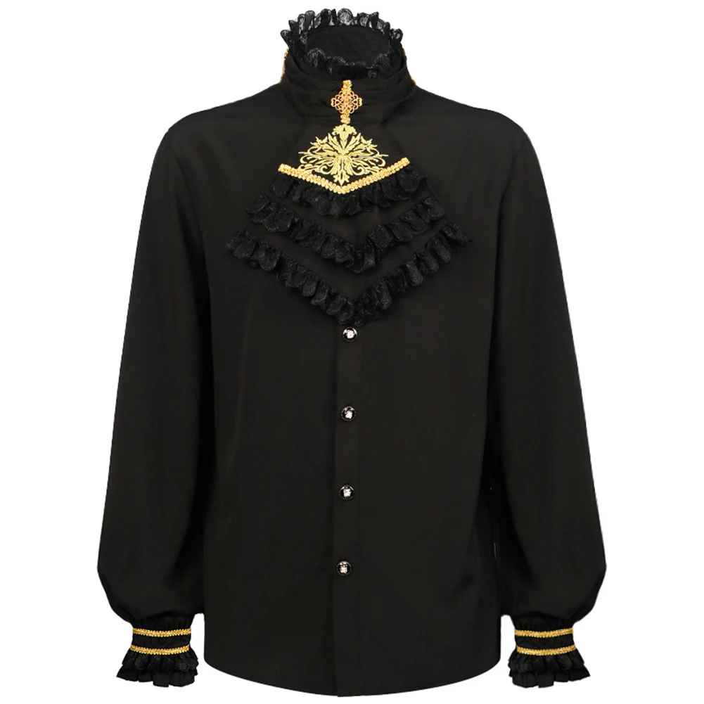 Holiday Vacation Blouse Gothic Spring Stand Collar Victorian Autumn Casual Female/Male Fold Medieval Solid Color