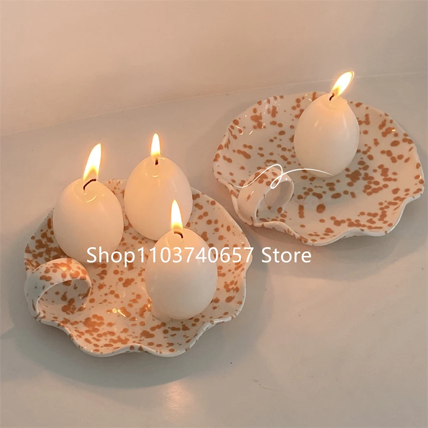 

French Handmade Splash Ink Ceramic Candle Holder Simple Modern Pastry Cake Dinner Plate Desktop Storage Decorative Tray