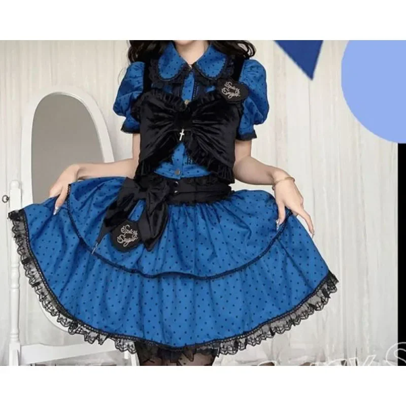 Summer New Women's Turn-down Collar Button Spliced Lace Polka Dot Bow Shirt Sweet Slim Short Sleeve Short Skirts Set 2025