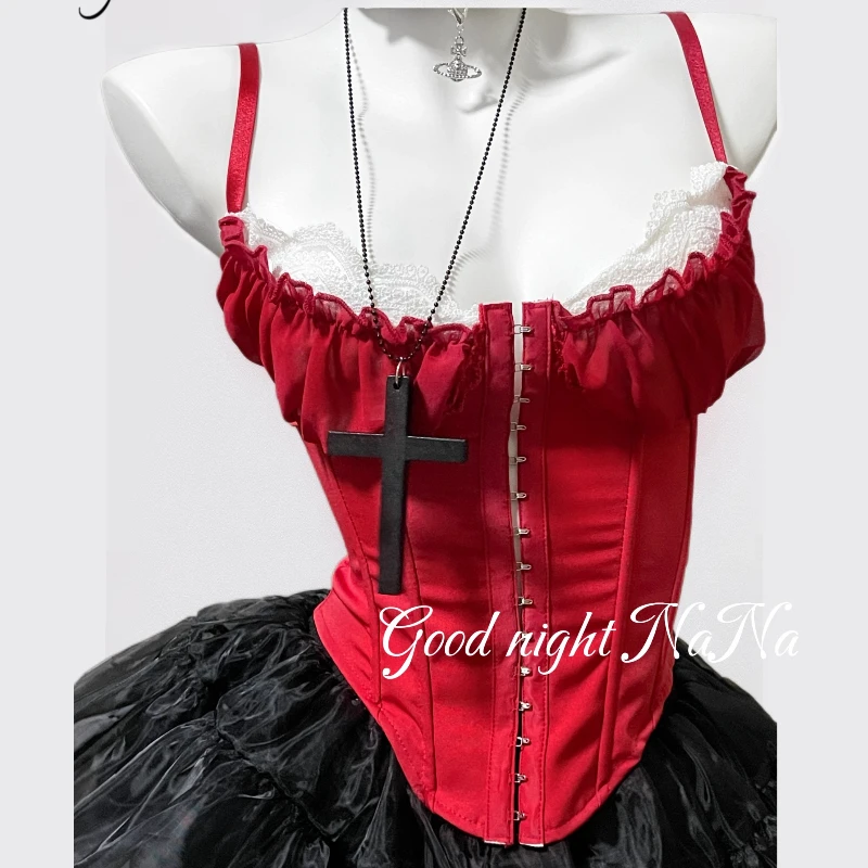 Gothic Punk Black Red Color Splicing Fishbone Women's Top Strap Original Design New Sweet Cute Mesh Puffy Short Skirt Set Ladies