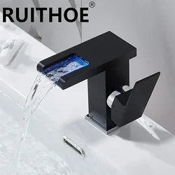 LED Bathroom Faucet Waterfall Black/Chrome/Gold Modern Single Handle 1 Hole Deck Mount Mixer Tap Commercial Lever Basin Vanity