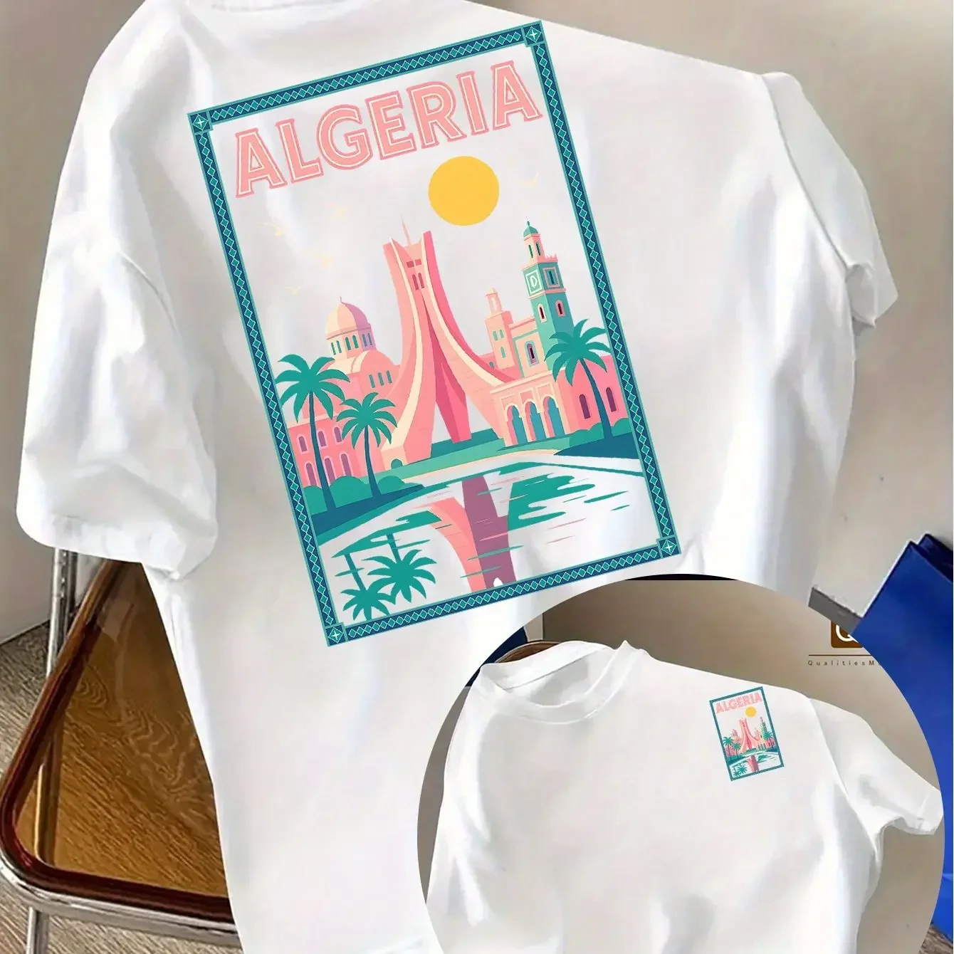 2026 Women Algeria T-shirt Retro North African City Scape Print Casual Black Streetwear for Travel Lovers Comfortable Breathable