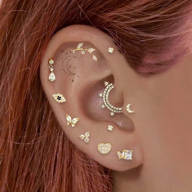 Nuevo diseñador de acero inoxidable, Piercing de oreja de circón para mujer, hoja, corazón, Luna, ojo, hélice, Tragus Daith, pendiente cómodo, joyería para Piercing