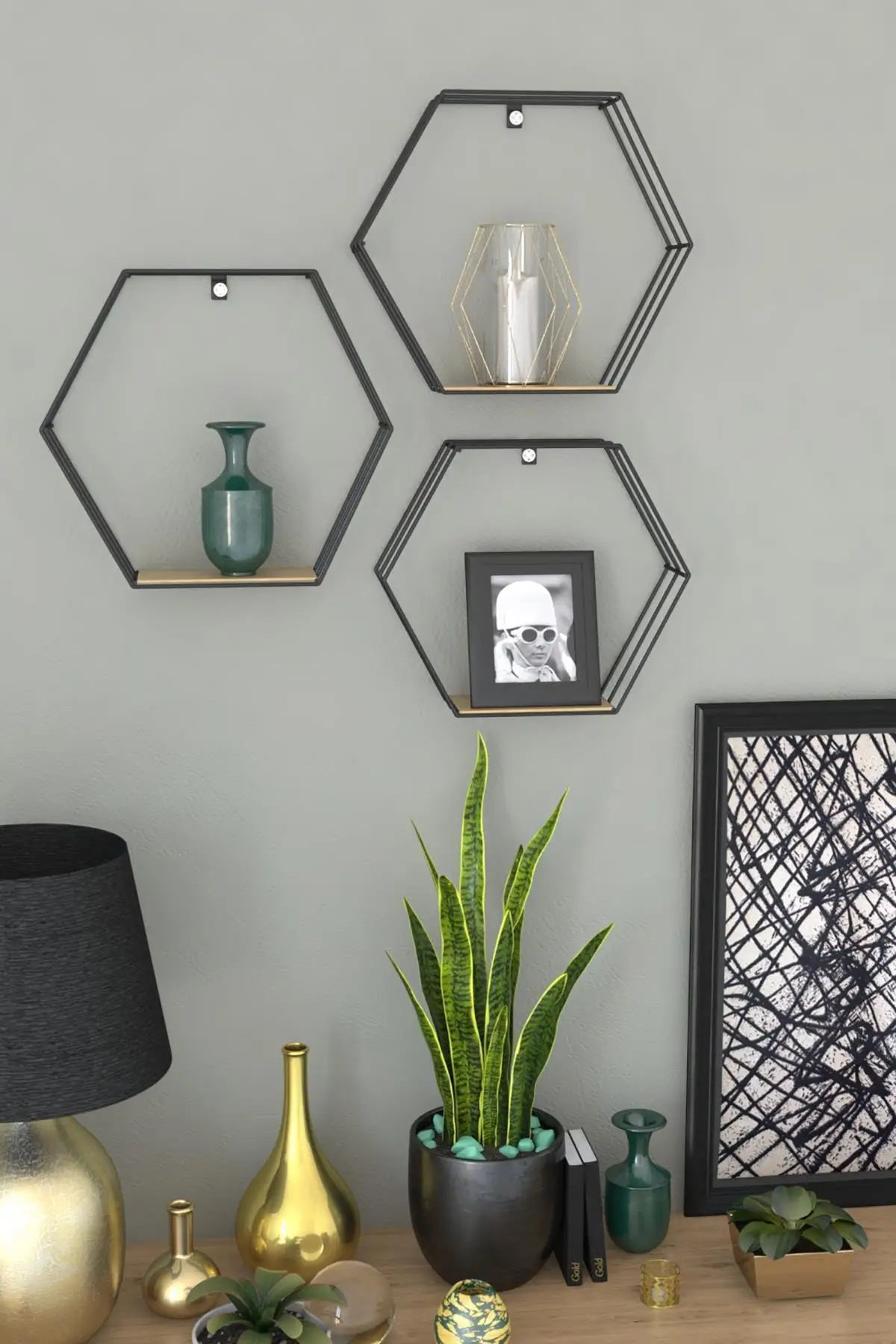 Honeycomb Hexagonal Shelf metal Wire Board Shelf Hanger With 3 Bookshelf Shelf 3d interior design wall shelves decorative item ..