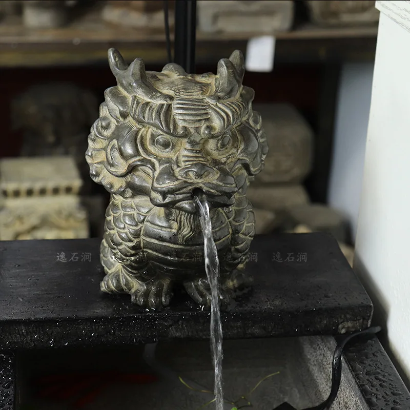 Antique Stone Carving Natural Bluestone Hand Carved KIRIN Dragon Beast Whole Stone Carving Chinese Folk Decoration Ornaments