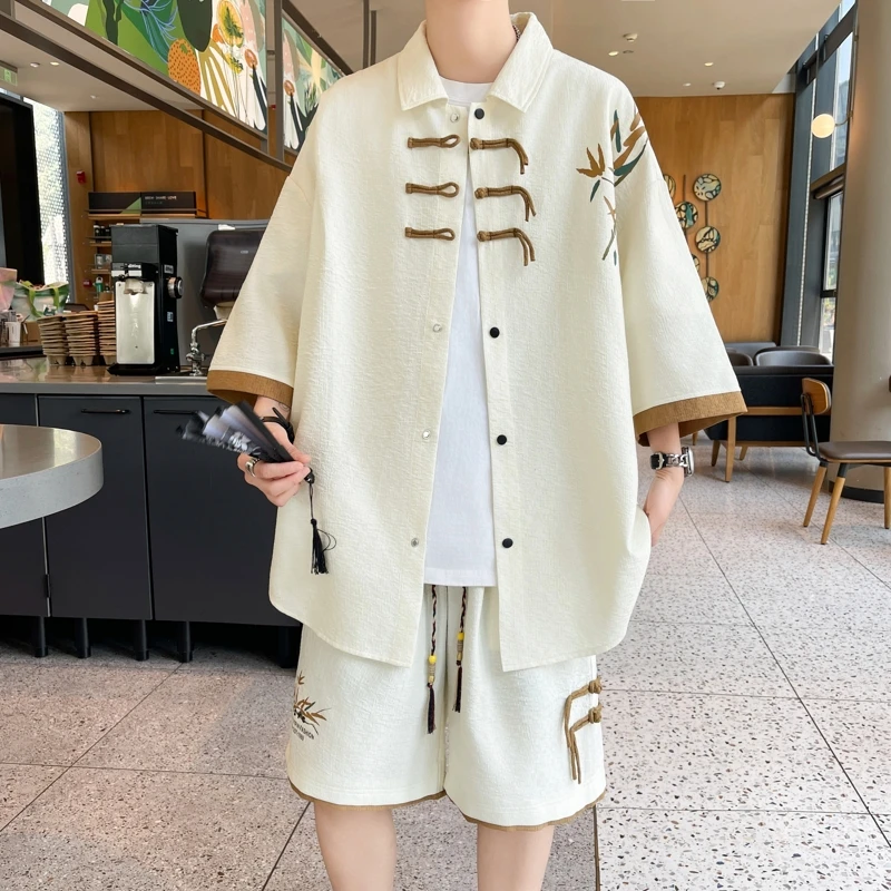 2024 New Hong Kong style Men's Printed Shirt Sets,High Quality Fashion Trend Shorts, Chinese wind series Casual Men's Clothing