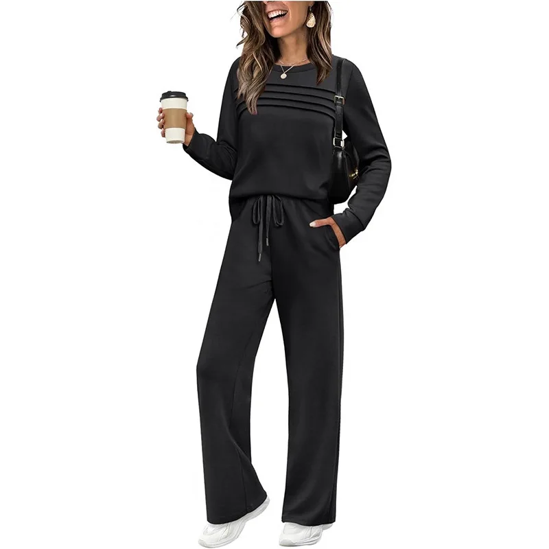 

New Fashion Shirt Lace-up Wide-Leg Pants Two-piece Sets Women Autumn Casual Loose Solid Color Tops And Pants Suits For Women