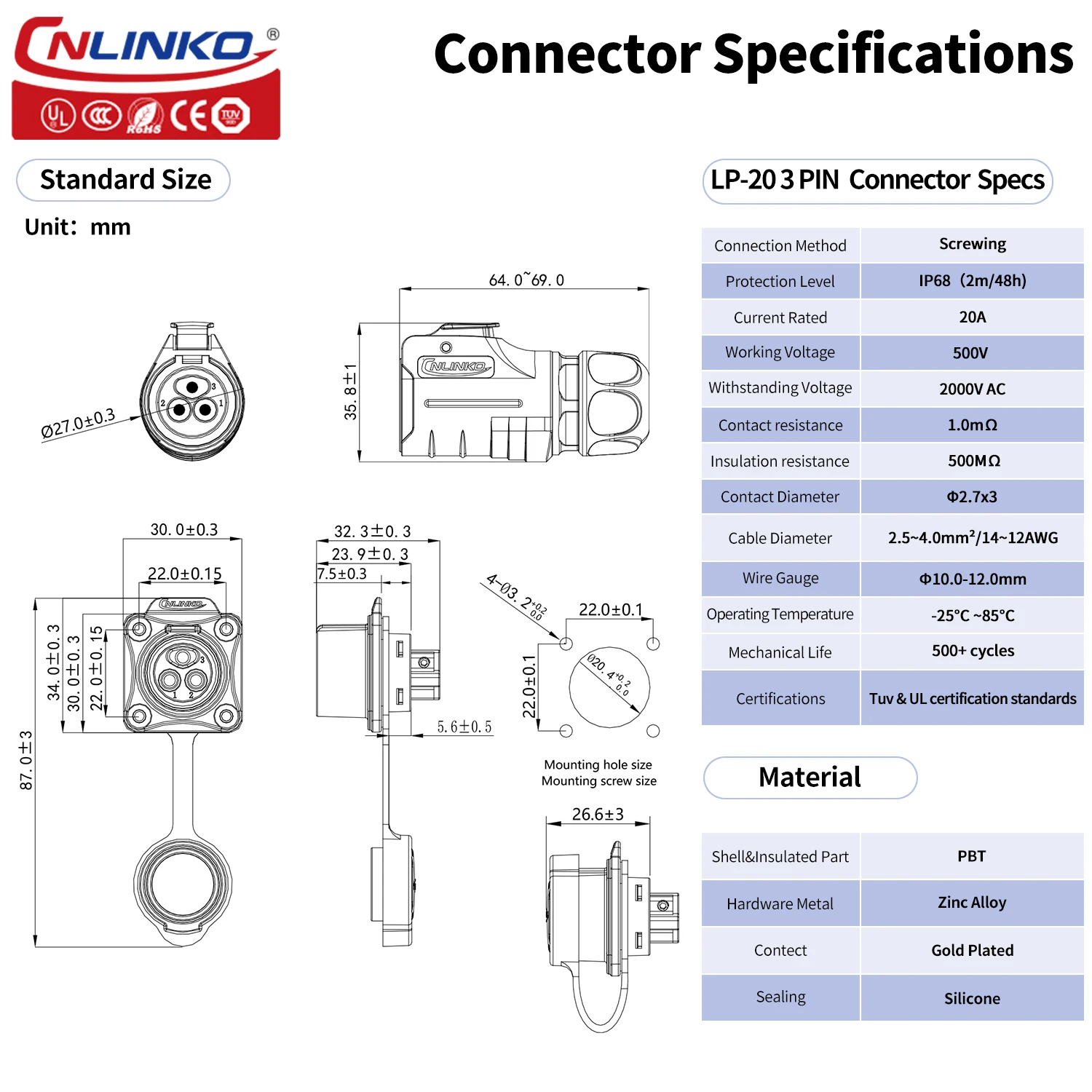 CNLINKO LP20 3 Pin Waterproof Screw Locking AC/DC Power Connector
