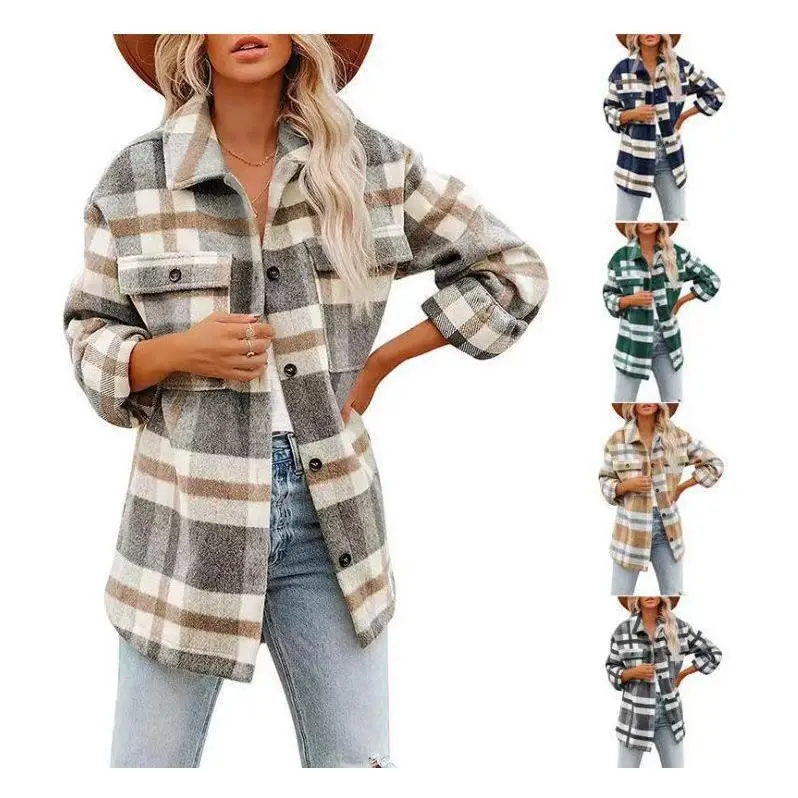 

Women's Woolen Plaid Flannel Shirt Jacket Sweet Style Princess Sleeve Long Sleeve Printed Casual Winter Coat for Ladies