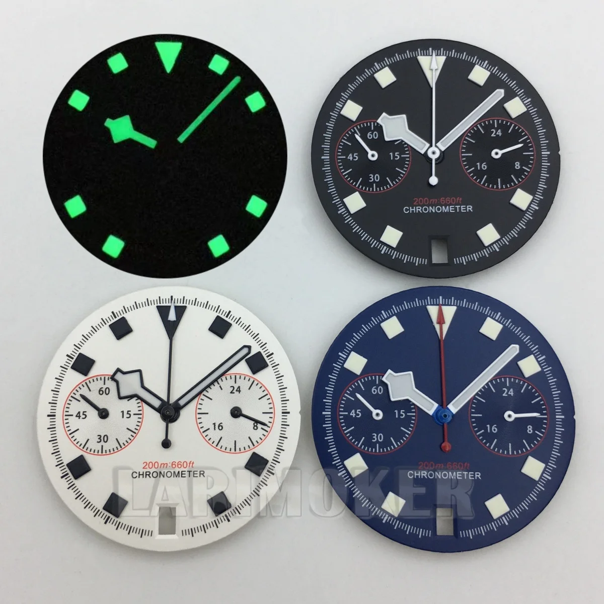 El esfera VH64 de 30 mm es negro, blanco y azul con manecillas luminosas verdes, adecuada para el movimiento de cuarzo VK64 con fecha a las 6 en punto.