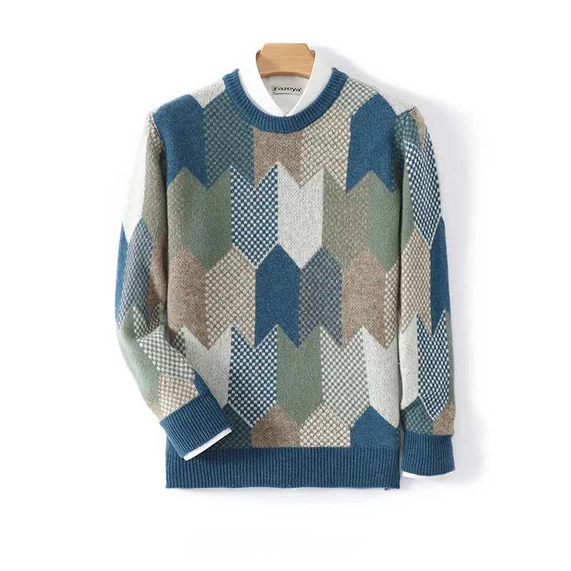

Мужской свитер из 100% чистой шерсти с круглым вырезом и стрелкой в стиле ретро, пуловер с цветными блоками, повседневный мягкий шерстяной трикотаж с цветными блоками