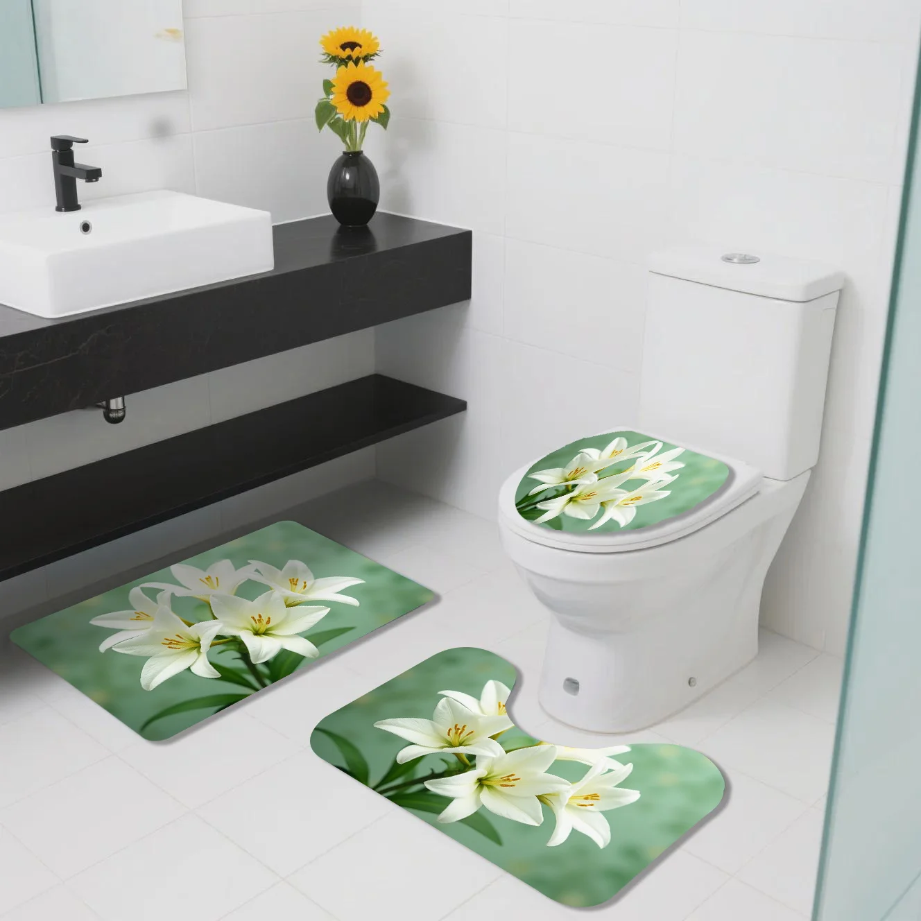 

White Lily Flower Printed Bathroom Rugs Set 3pcs Non Slip Waterproof Floor Mats for Toilet Sink Shower Area Home Decor