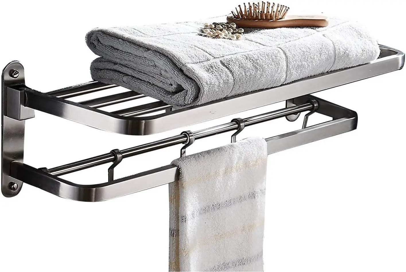 

Stainless Steel Towel Racks for Bathroom Shelf Double Towel Bar Holder with Hooks Wall Mounted Multifunctional Foldable Brushed